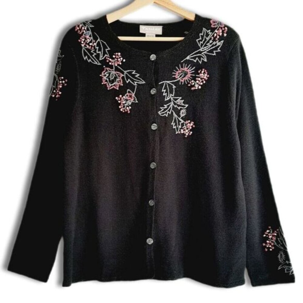 TANJAY / Floral Embroidered Button Down Fine Knit Cardigan Sweater Black Sz M P
